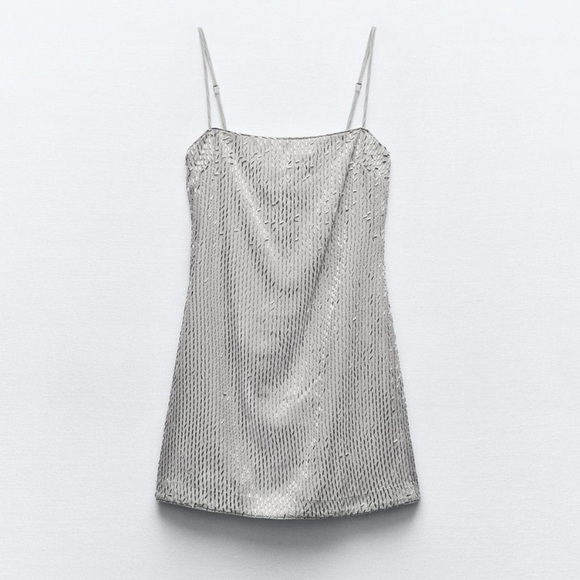 Zara NWT Silver Beaded Mini Dress - Picture 3 of 11